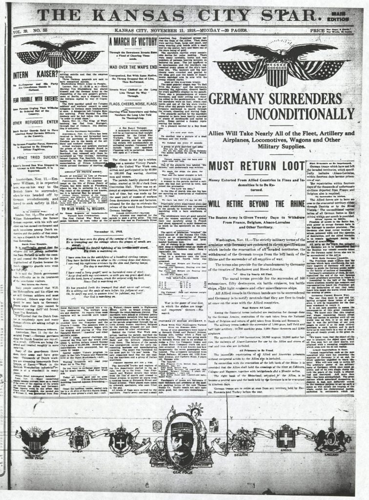 Photograph of the front page of the Kansas City Star on Armistice Day, November 11, 1918