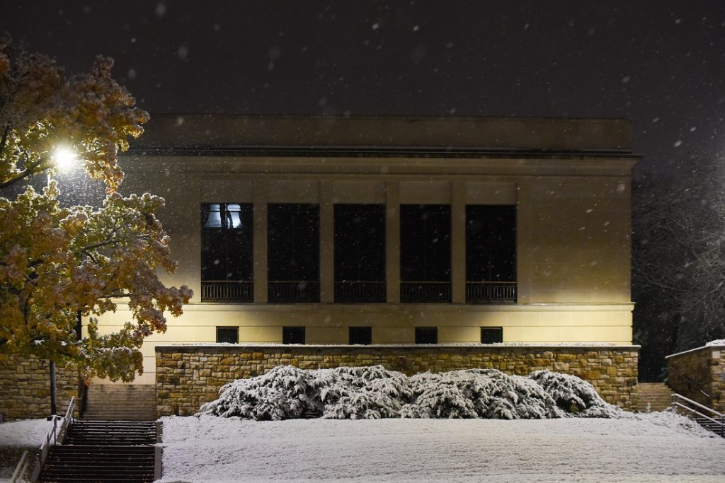 Photograph of Spencer Research Library's North Gallery in snow during the fiftieth anniversary celebration, 2018