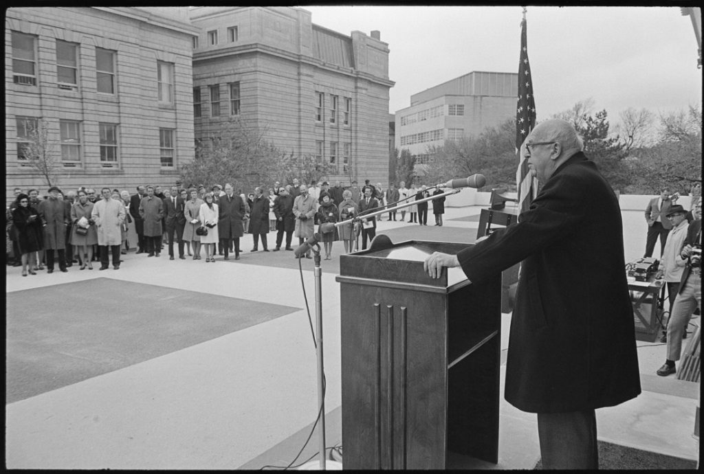Photograph of the dedication ceremony on the terrace at Kenneth Spencer Research Library, November 8, 1968