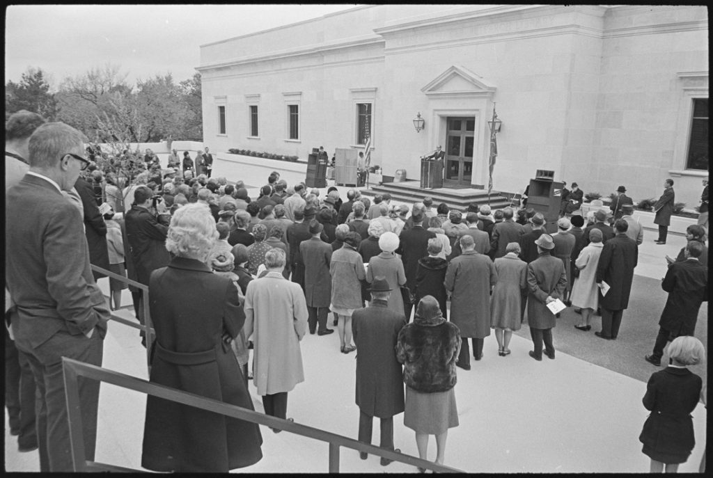 Photograph of the dedication ceremony on the terrace at Kenneth Spencer Research Library, November 8, 1968