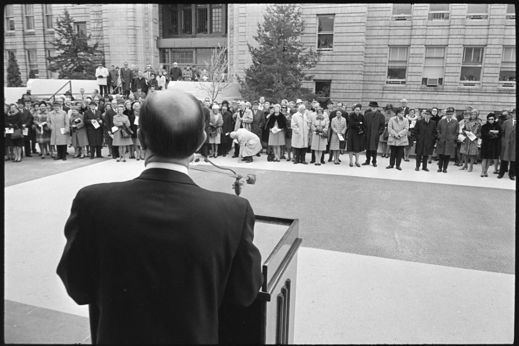 Photograph of the dedication ceremony on the terrace at Kenneth Spencer Research Library, November 8, 1968