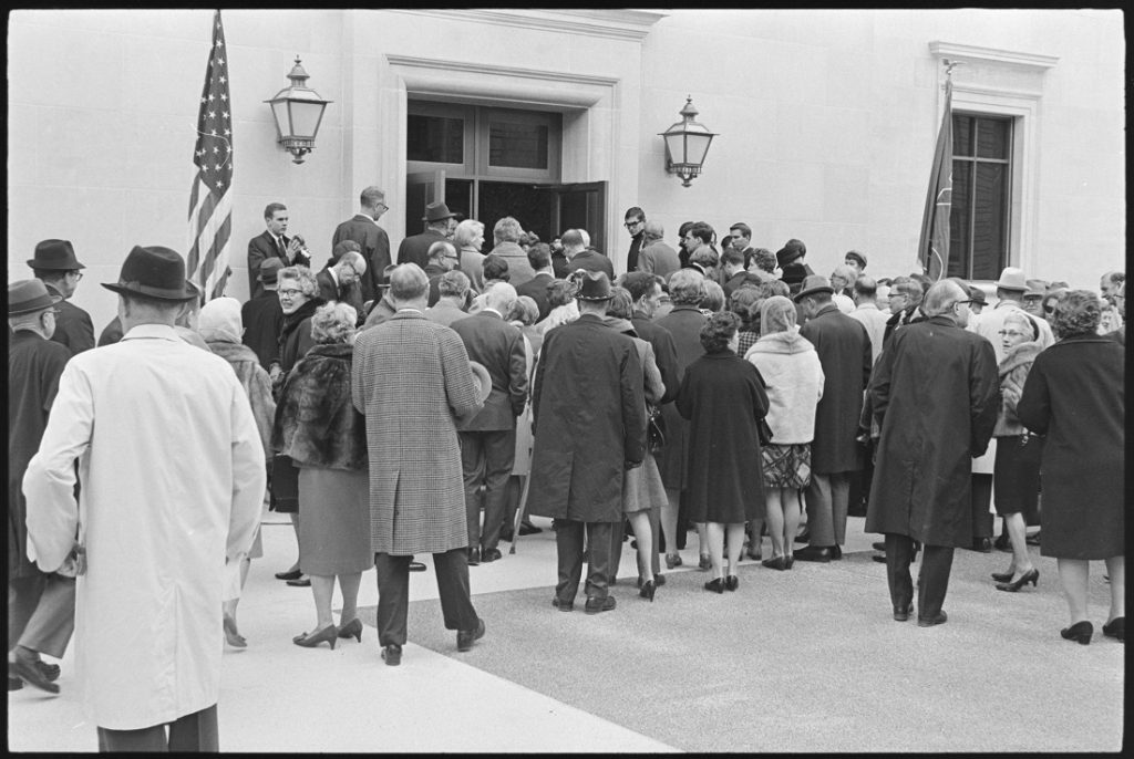 Photograph of the dedication ceremony on the terrace at Kenneth Spencer Research Library, November 8, 1968