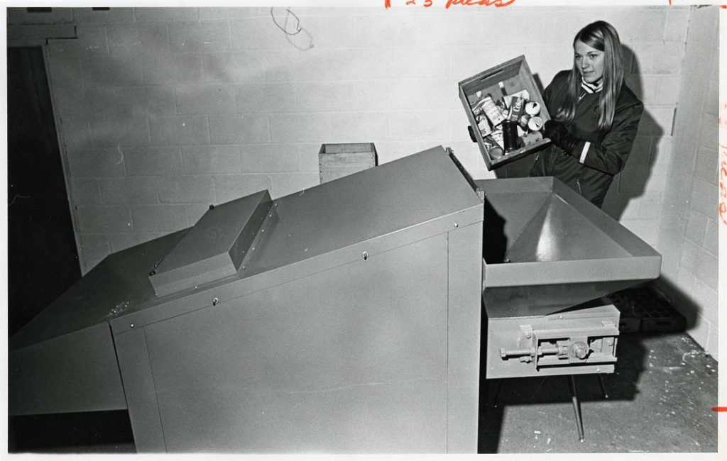 Photograph of the Whomper recycling machine at KU, 1971