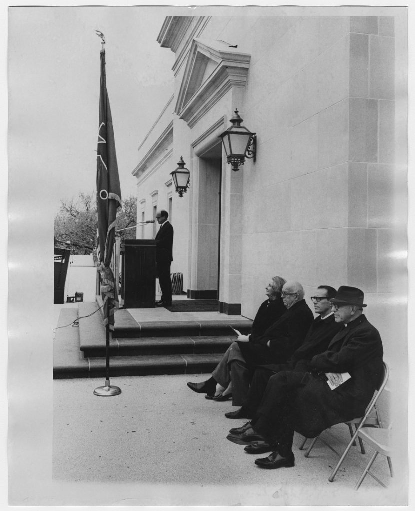 Photograph of the dedication ceremony on the terrace at Kenneth Spencer Research Library, November 8, 1968