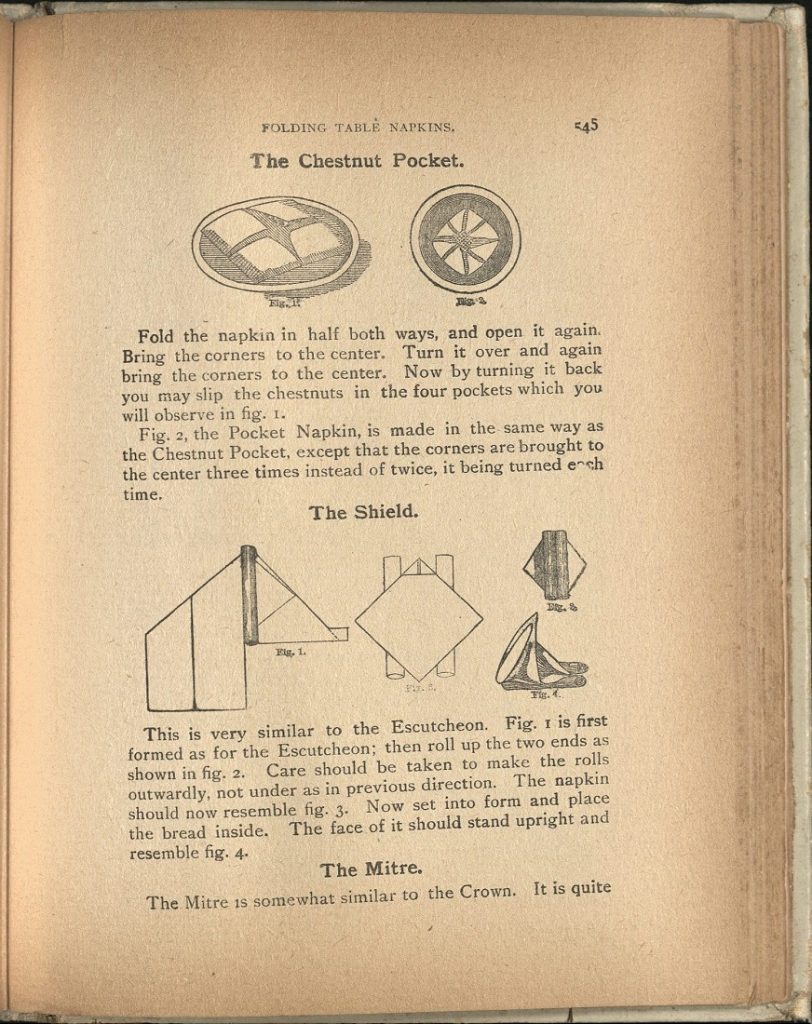 Image of the instructions for the Chestnut Pocket napkin fold in "The 'Home Queen' Cook Book," 1901