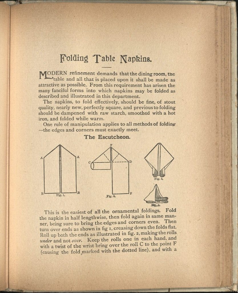 Image of the instructions for the Escutcheon napkin fold in "The 'Home Queen' Cook Book," 1901