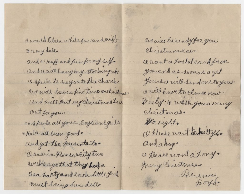 Photograph of Berenice Boyd's letter to Santa Claus, undated