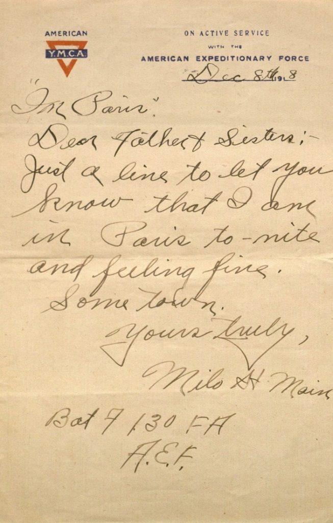 Image of Milo H. Main's letter to his family, December 8, 1918