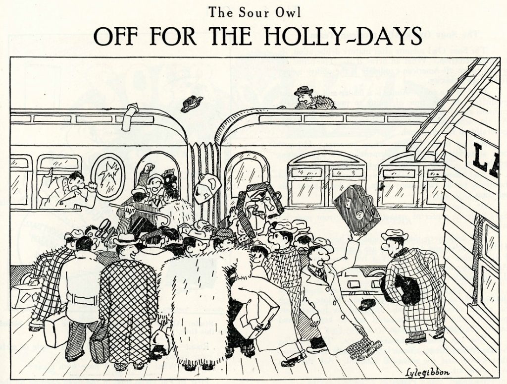 Image of the "Off for the Holly-Days" cartoon in the Sour Owl, December 1926