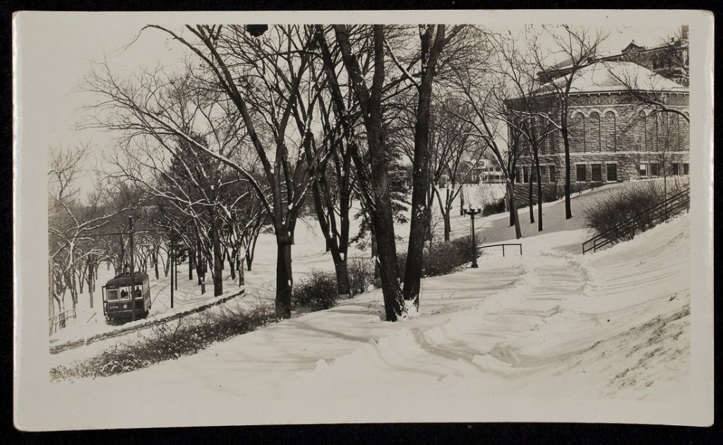 Photograph of a streetcar on the KU campus, 1925