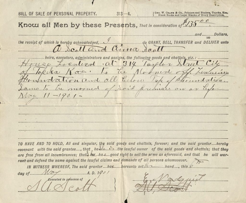 Image of bill of sale for a home in Topeka purchased by Anthony and Anna Scott, 1901