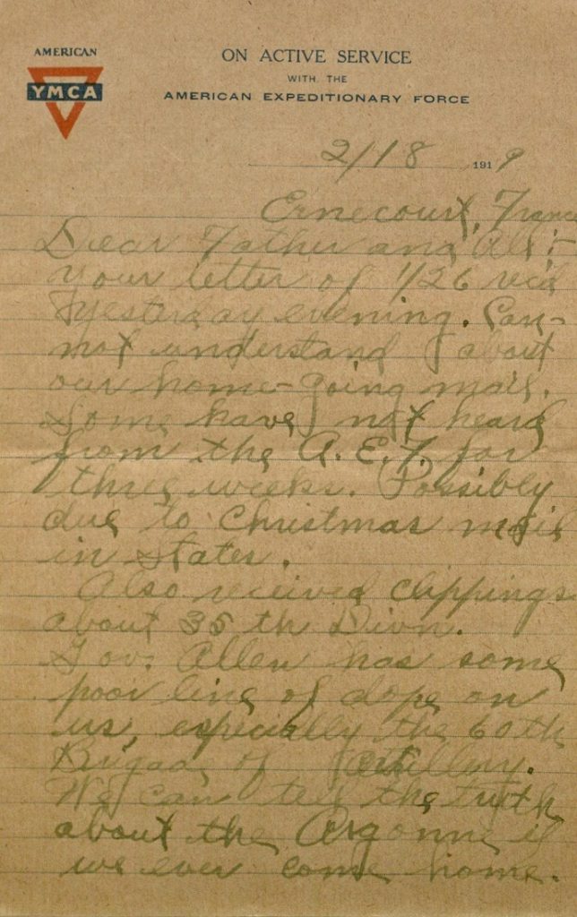 Image of Milo H. Main's letter to his family, February 18, 1919