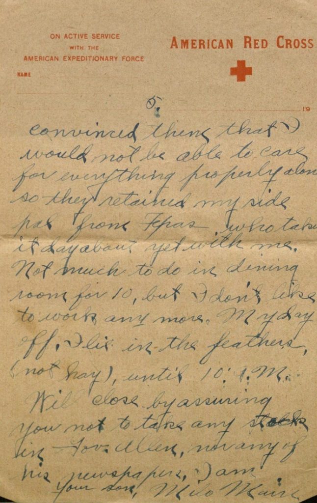 Image of Milo H. Main's letter to his family, March 16, 1919