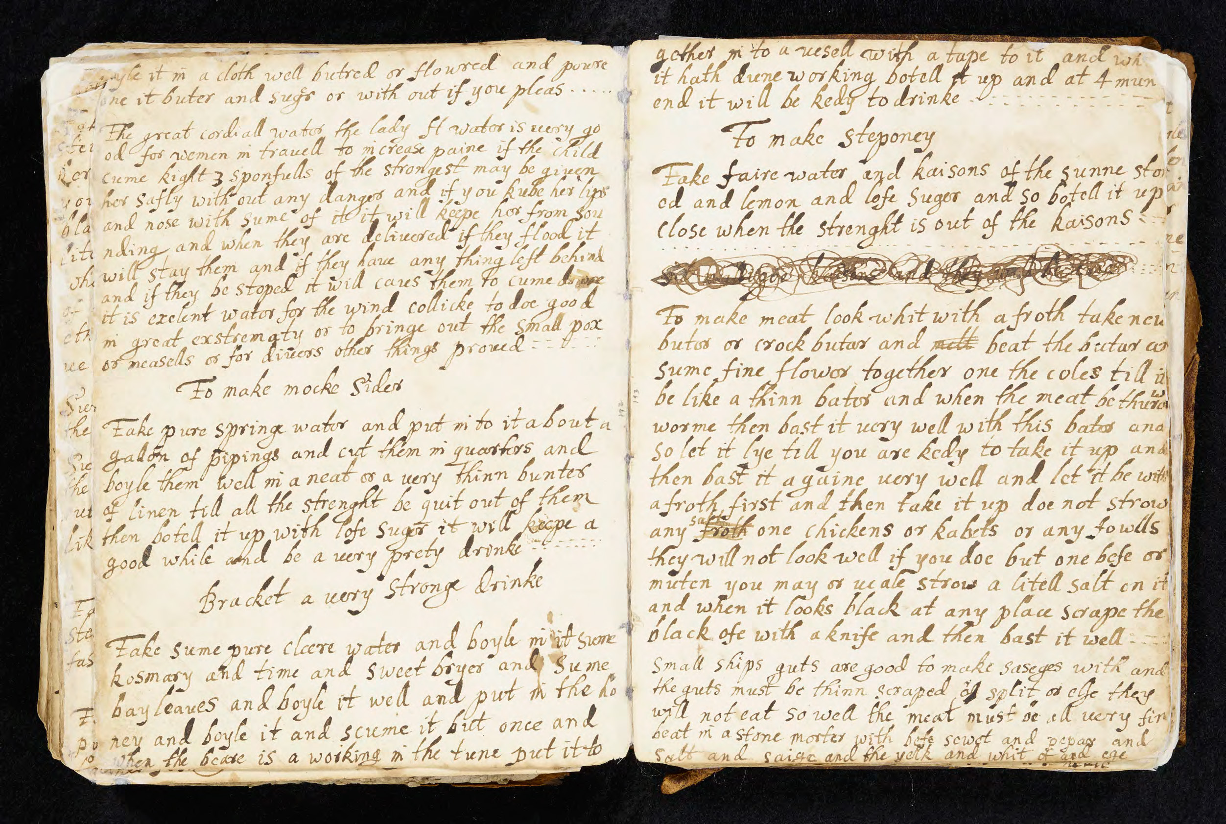 Photograph of crossed out text in Elizabeth Dyke's "Booke of Recaits" (MS D157)