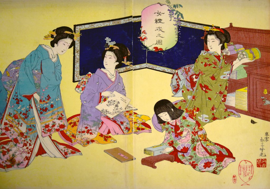 Detail of triptych woodblock print by Adachi Ginkō, Joreishiki no zu, 1889.