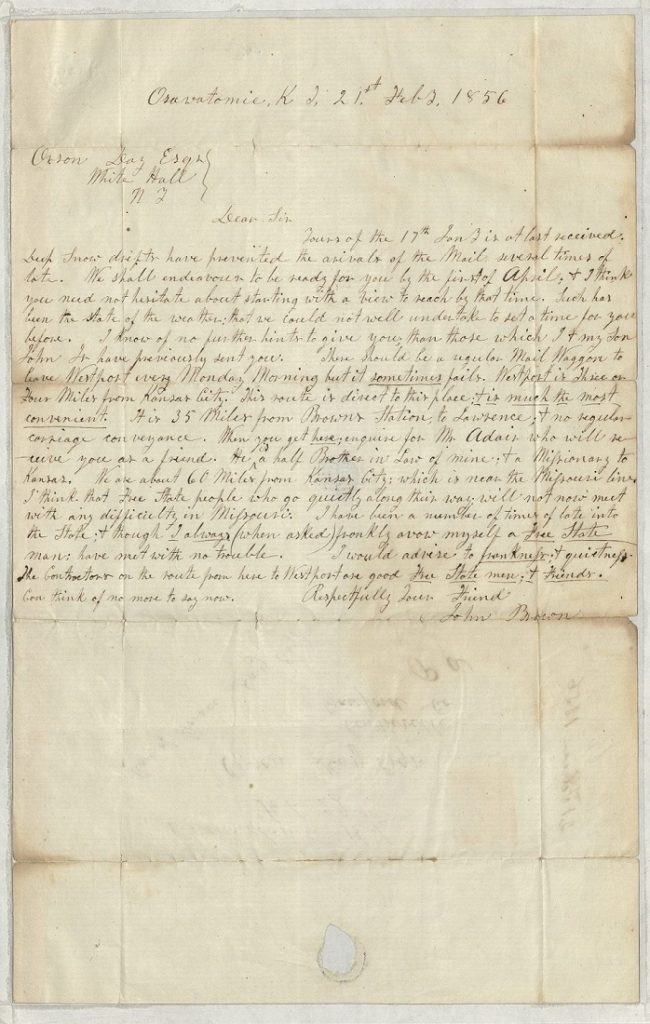 Image of a letter from John Brown to Orson Day, February 21, 1856