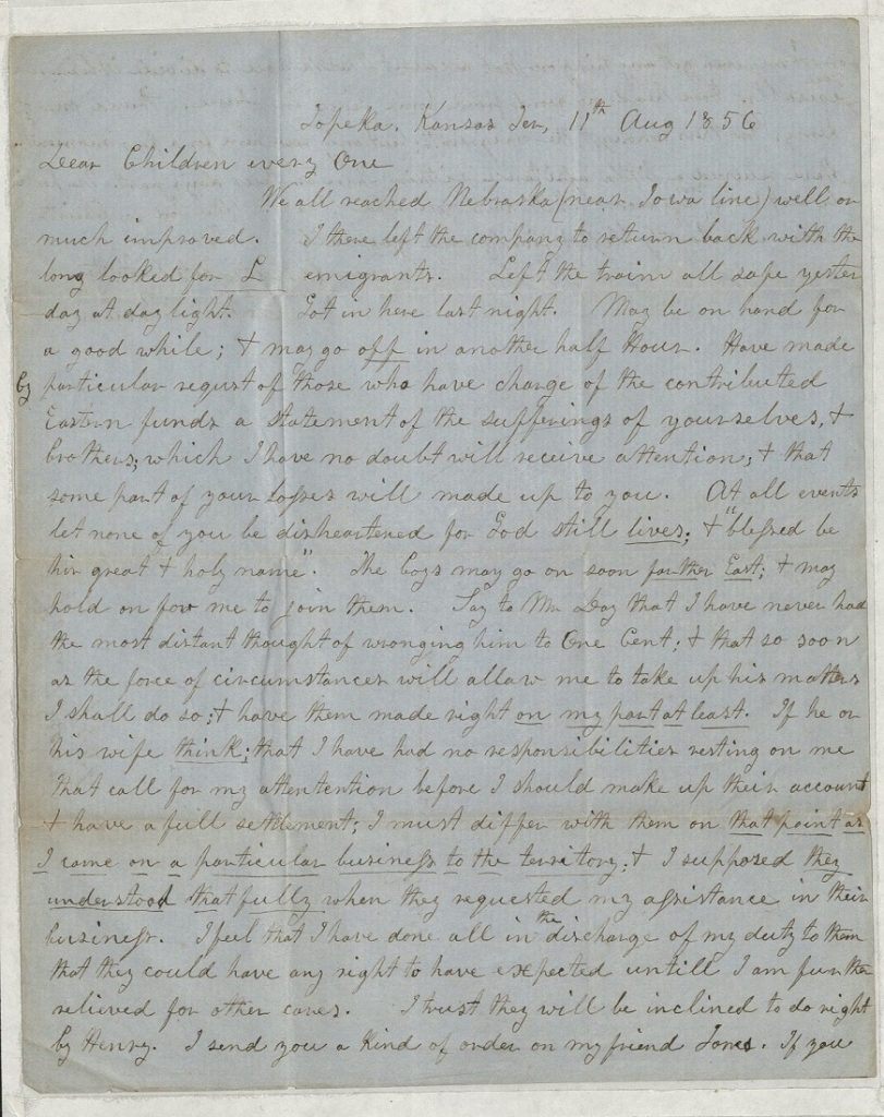 Image of a letter from John Brown to his children, August 11, 1856