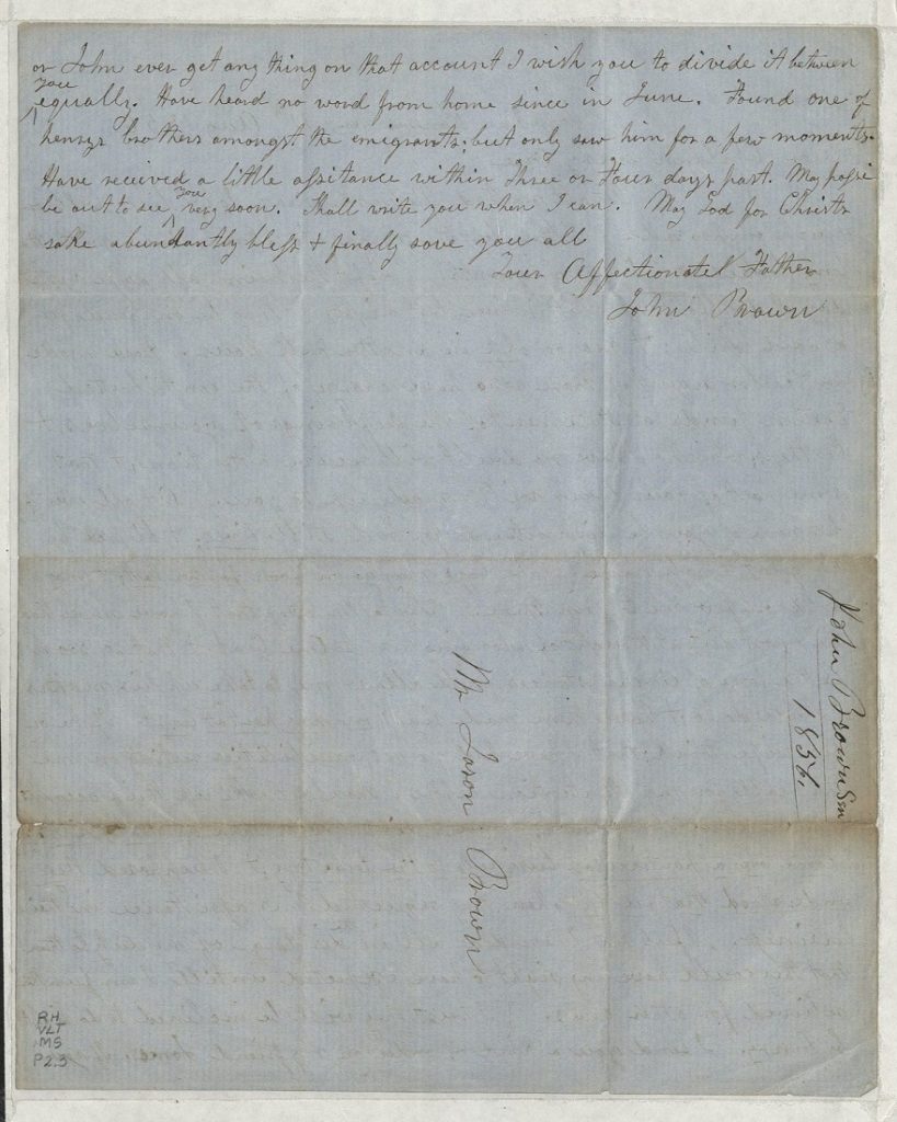 Image of a letter from John Brown to his children, August 11, 1856