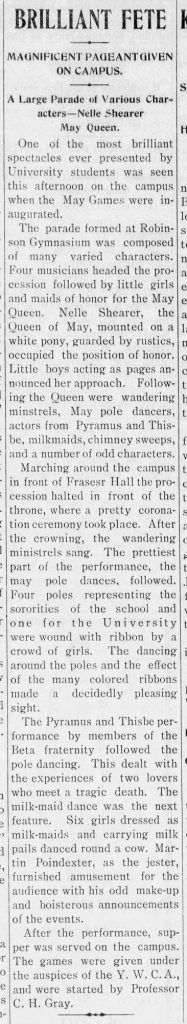 Article about the May Fete in the University Daily Kansan, 1908