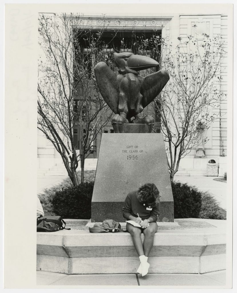 Photograph of a KU student studying in front of the Jayhawk statue in front of Strong Hall, 1984