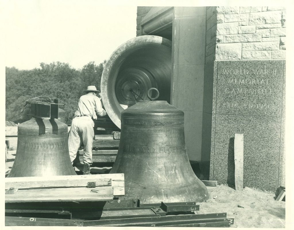 Photograph of bells being installed in the World War II Memorial Campanile, 1951