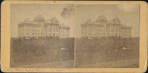 Stereoview card of Old Fraser Hall, published by W. H. Lamon, of Lawrence, dated 1884.