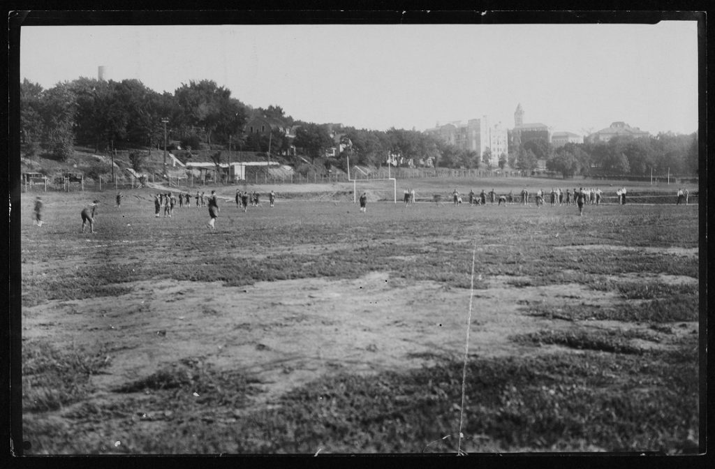 Photograph of a University of Kansas football practice, 1930s