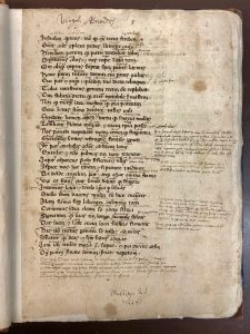 Sir Thomas Phillipps’s handwritten note on the recto of the first leaf of this manuscript copy of Vergil's Aeneid,MS E71 (“Phillipps MS 12281”) along with other annotations on the text by different previous hands.