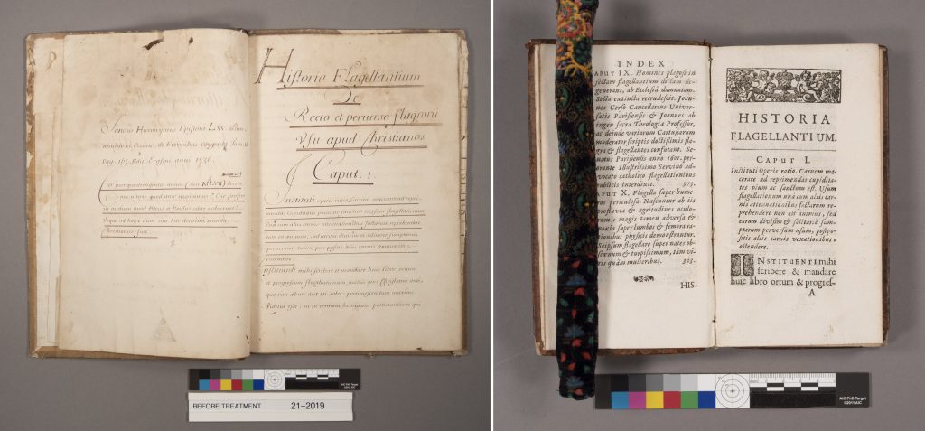 Side-by-side comparison of the first chapter headings of both the manuscript and printed version of Jacques Boileau's "Historia flagellantium..."