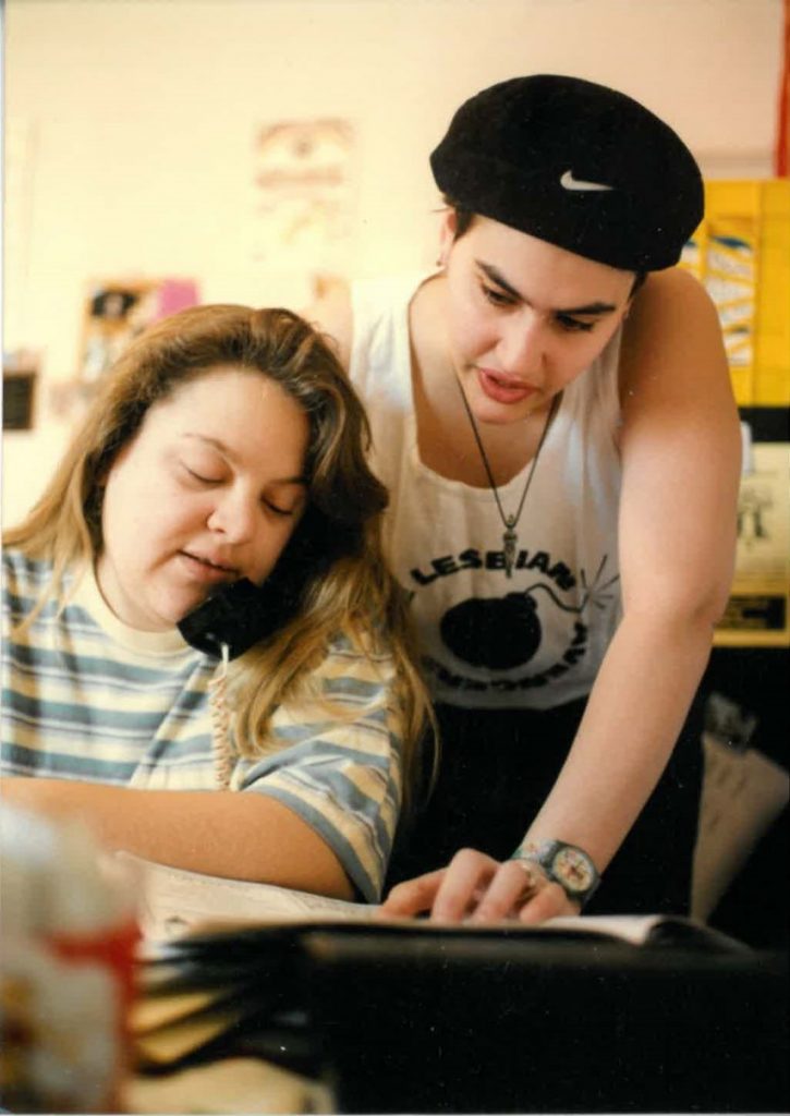 Kristi Parker and Sharon “Vinnie” (Levine) Reed in the Liberty Press office, late 1990s