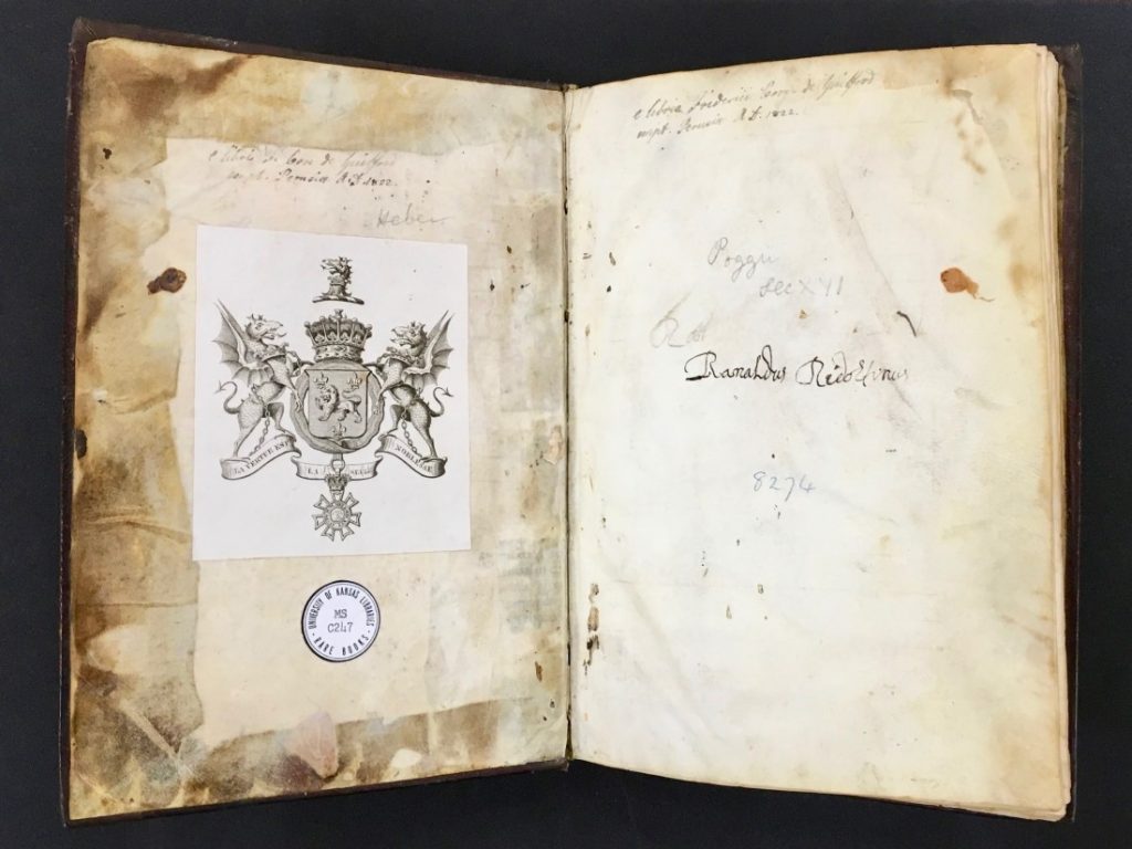 Photograph of a bookplate, ownership inscription, and shelfmark in MS C247