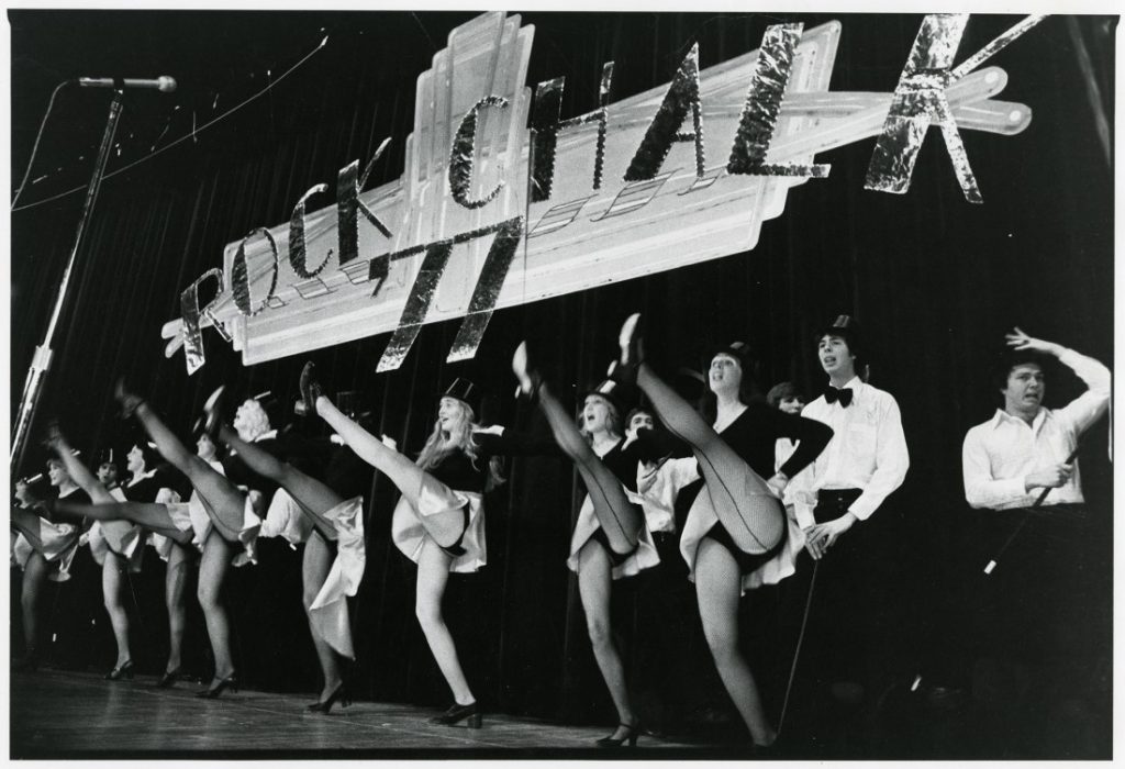 Photograph of a chorus line in the Rock Chalk Revue, 1977 