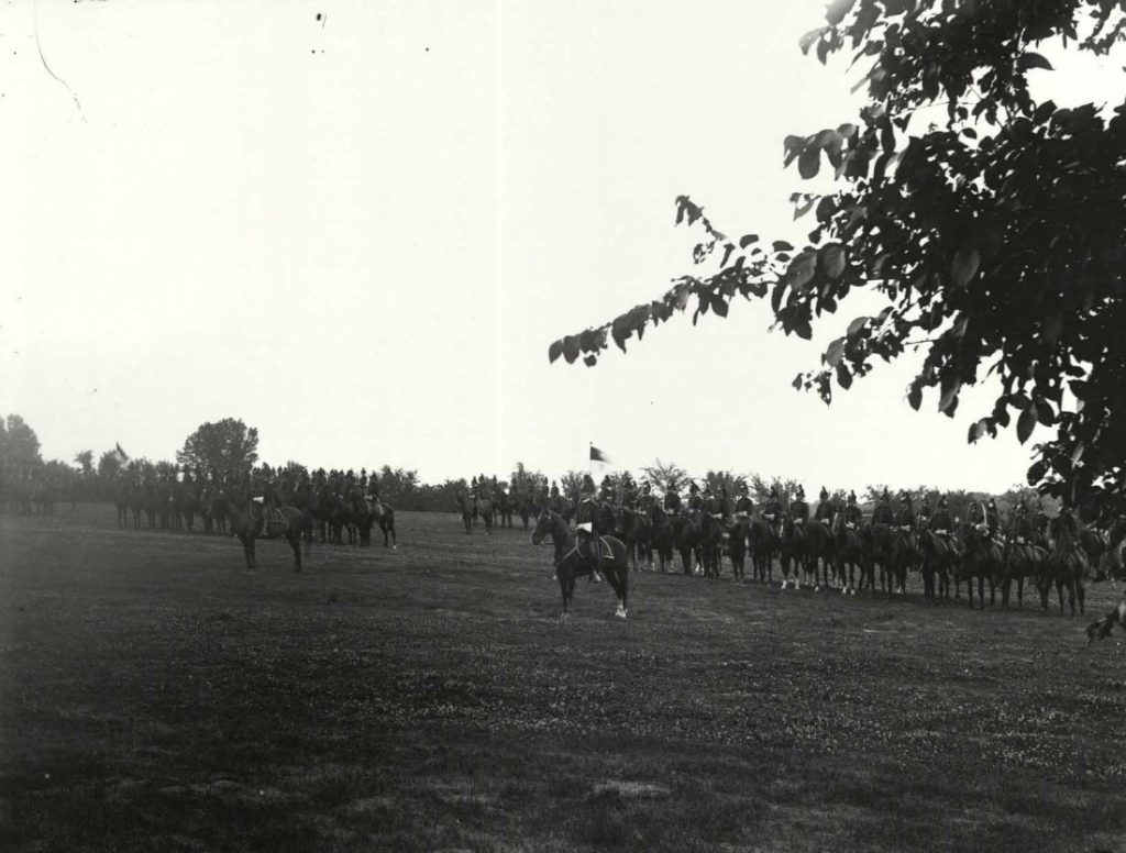 Photograph of the Fort Leavenworth guard mount (1st Regiment of Dragoons), circa 1900