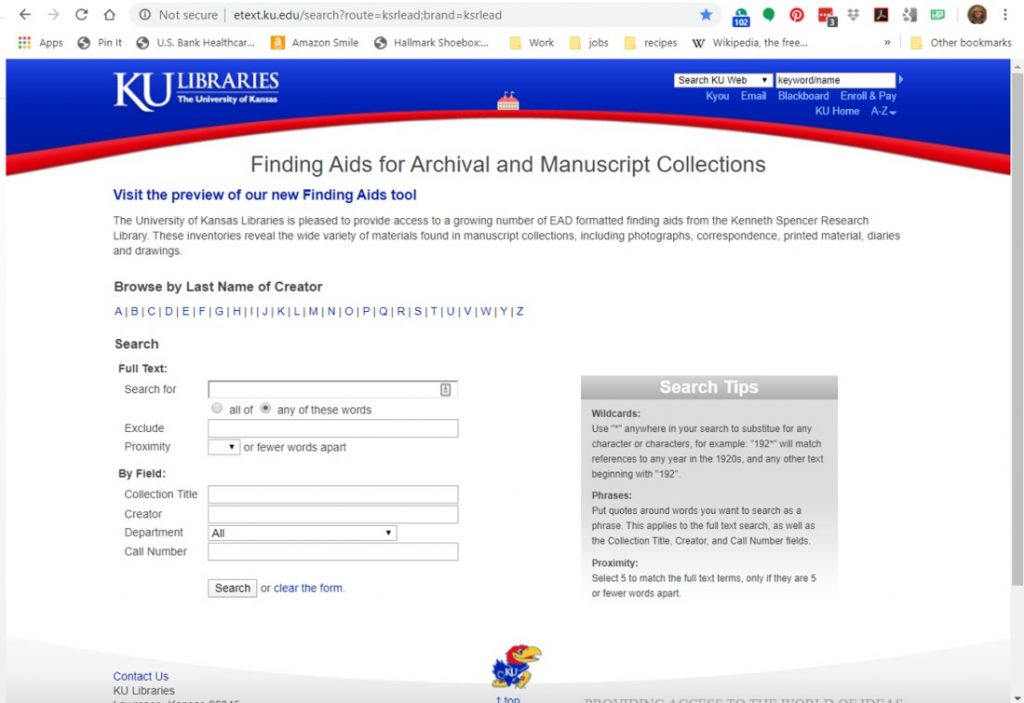 Screenshot of Kenneth Spencer Research Library’s current finding aid interface