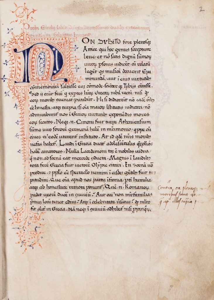 Image of the Beginning of the De excellentissimis ducibus exterarum gentium, with decorative blue and red initial (fol. 2r) Italy, fifteenth century.