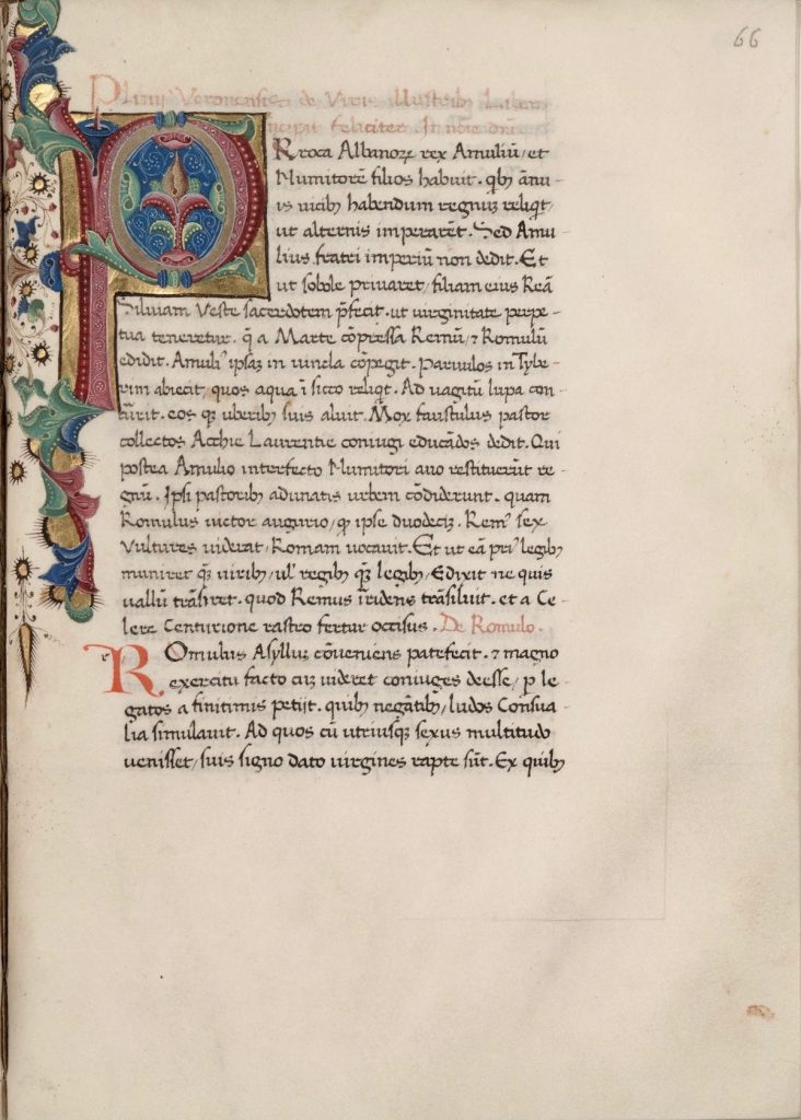 Image of Beginning of the De viris illustribus, with illuminated initial (folio 66 recto). Italy, fifteenth century. Call# MS D13.