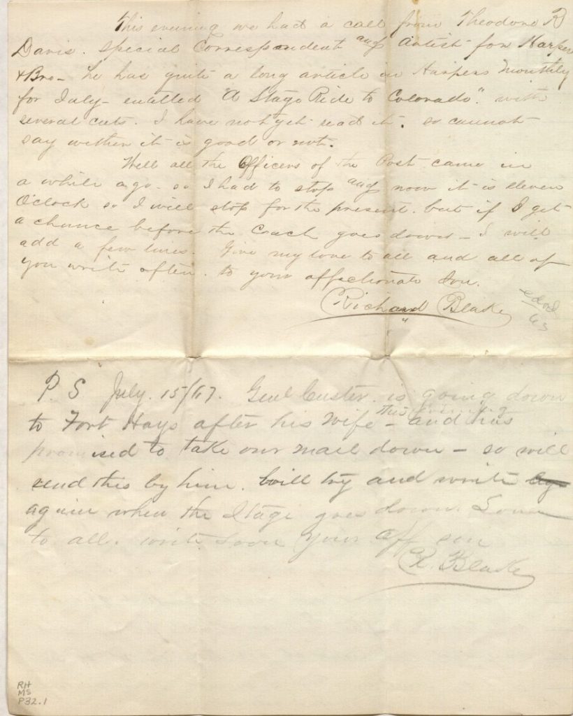 The fourth page of Richard Blake's letter to mother, July 14, 1867