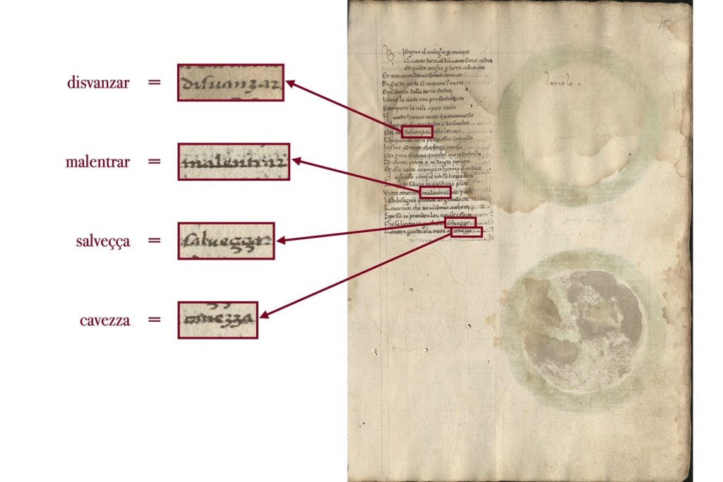 Image of of folio 15r of the Kenneth Spencer Research Library's copy of Dati's La Sfera (Pryce MS P4), with enlarged sections illustrating examples of different letterforms for letters r and z.
