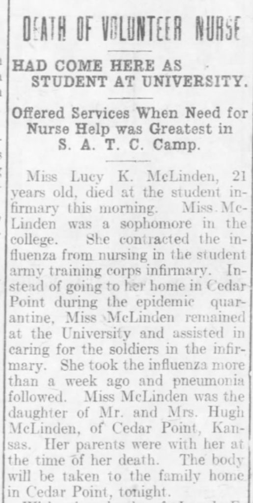 "Death of Volunteer Nurse," (Lawrence, Kansas) Daily Gazette, November 9, 1918