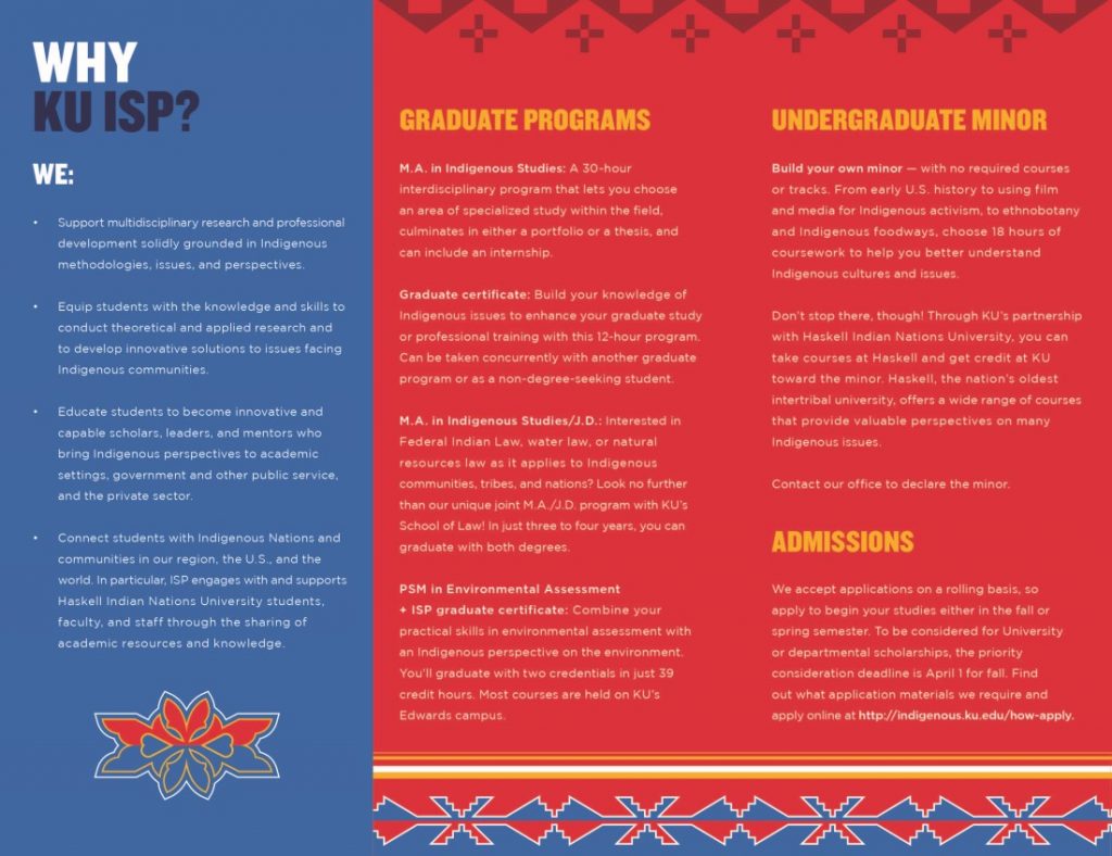 Photograph of the second page of the KU Indigenous Studies Program brochure, 2020