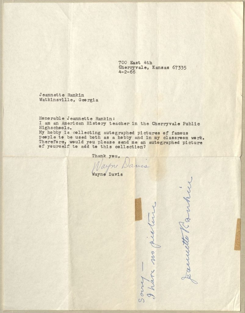 Letter from Wayne Davis to Jeannette Rankin, with Rankin's reply in manuscript, original letter dated April 2, 1966.