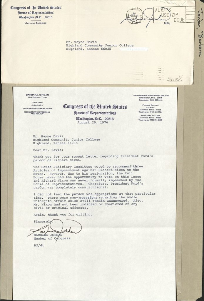 Envelope and Letter from Barbara Jordan, Member of Congress for Texas, to Wayne Davis concerning Ford pardon of Nixon.