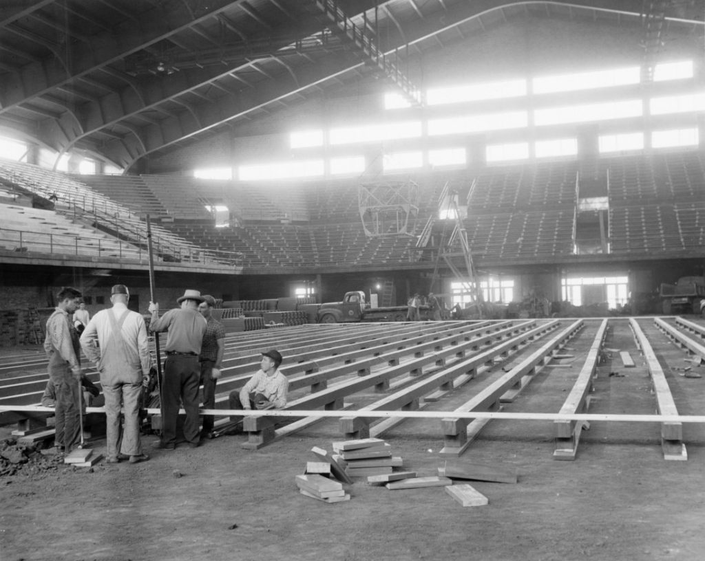 Photograph of the interior of Allen Fieldhouse under construction, 1954