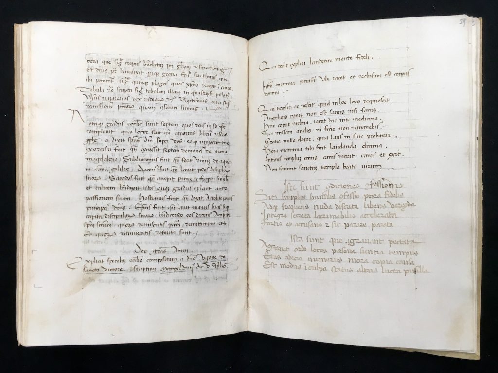 Image showing The end of the Speculum ecclesiae by Hugh of Saint-Cher on folio 58v (left) and further passages added in two separate hands on 59r (right) in MS C65