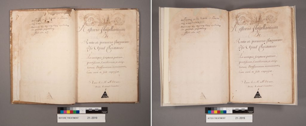 The title page of MS E279 shown before treatment, at left, and after treatment, at right.