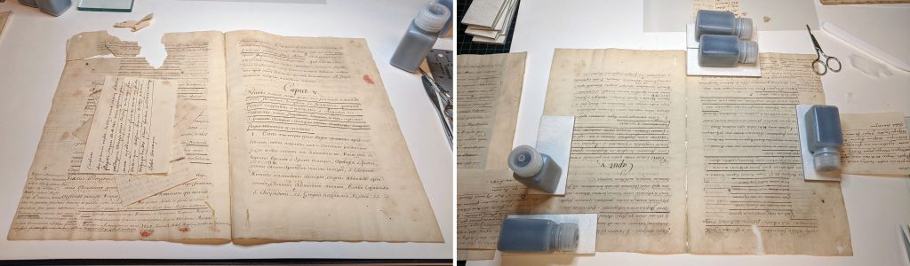 A damaged folio from MS E279 before treatment, at left, and being mended during treatment, at right.