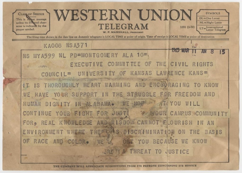 The first page of a telegram from Martin Luther King, Jr. to the Executive Committee of KU's Civil Rights Council, March 11, 1965