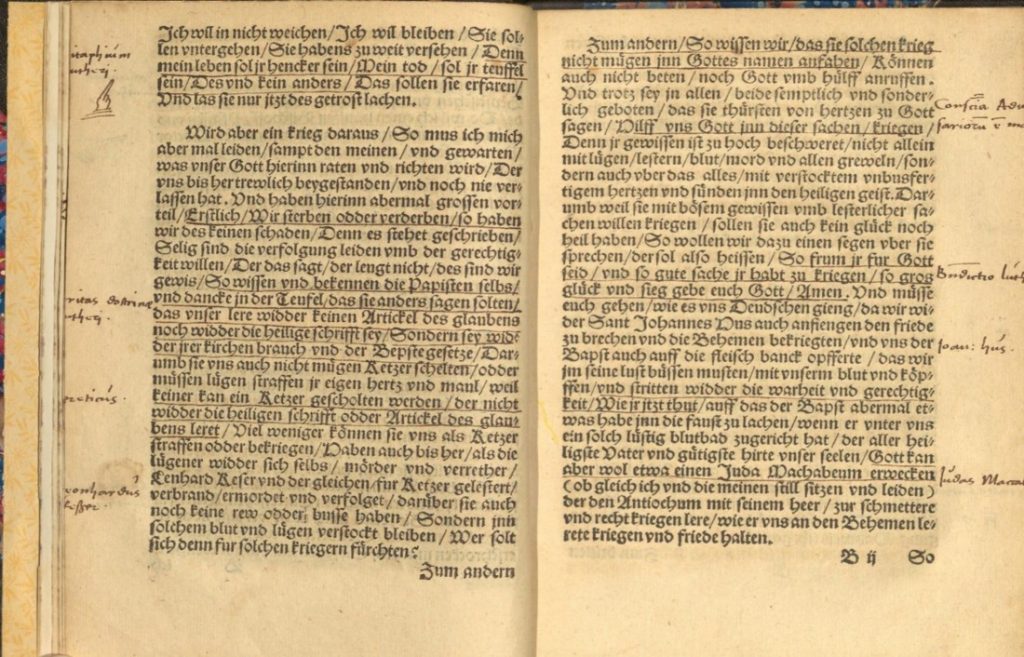 Image of two annotated pages of text in Warnunge by Martin Luther, 1531