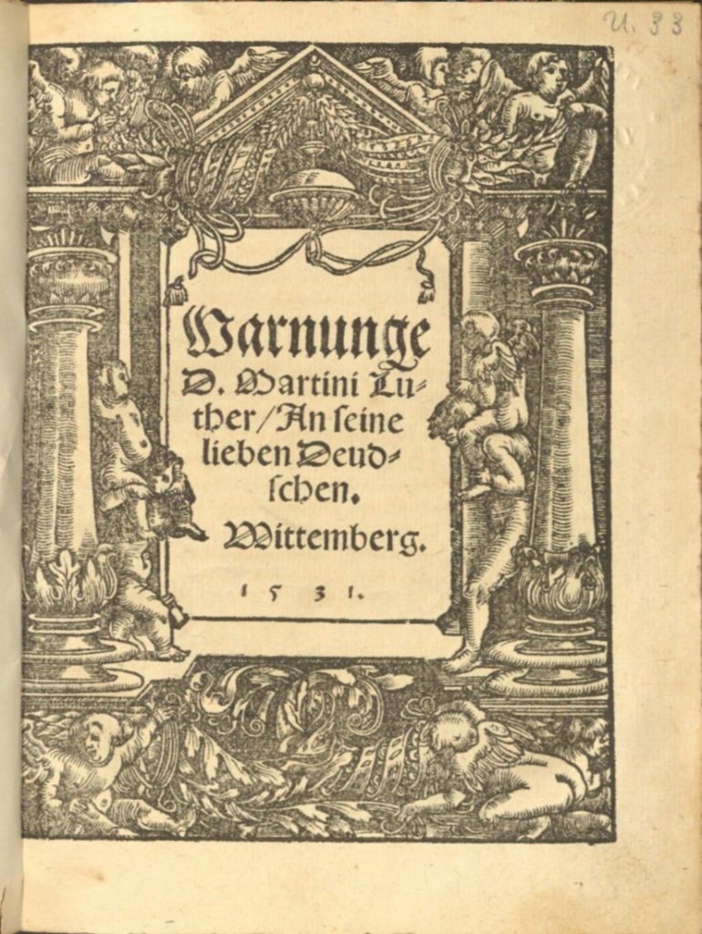 Image of the title page of Warnunge by Martin Luther, 1531