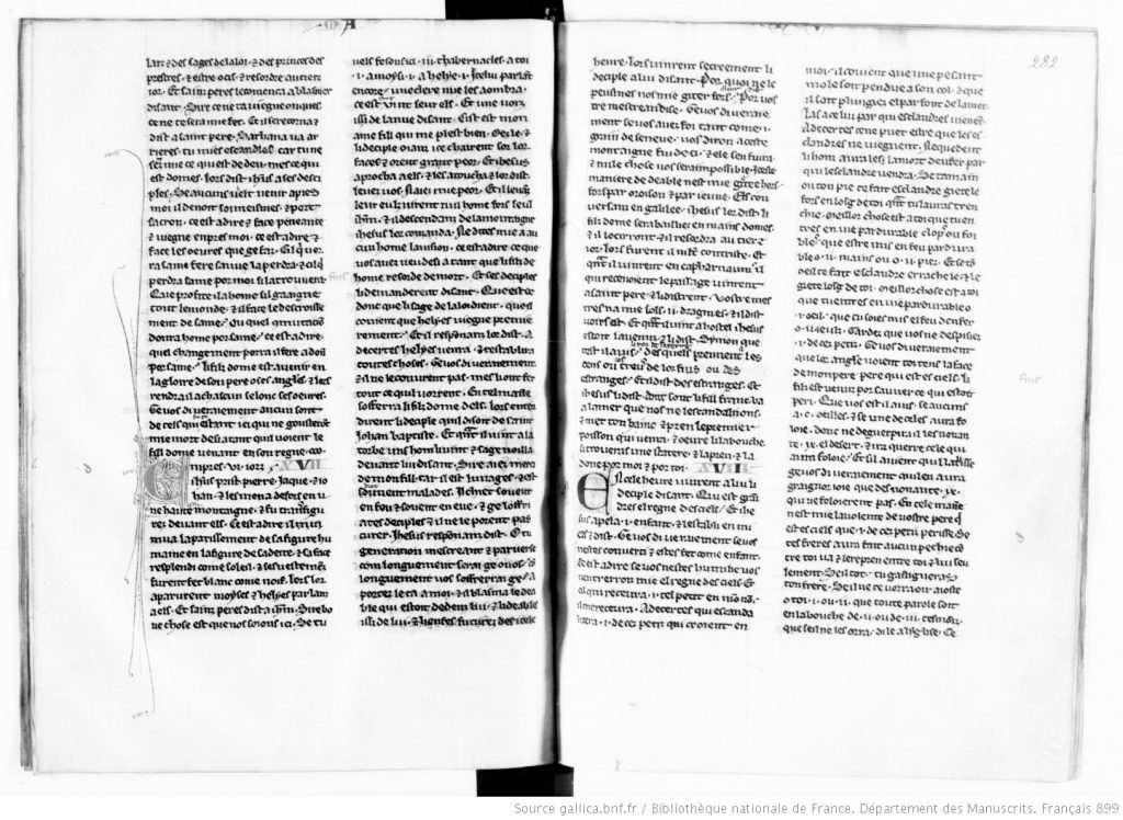 Image of Chapters 17 and 18 of the Gospel of Matthew in Paris, Bibliothèque nationale de France, Français 899, folios 282v-282r.